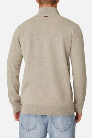 A person is wearing the Industrie The Lakewood Zip Neck, a light gray cotton jumper with a zip neck and ribbed cuffs, facing away. They're paired with light blue jeans against a plain white background.