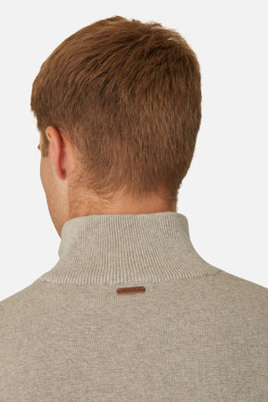 Rear view of a person with short, light brown hair wearing the Industrie The Lakewood Zip Neck, a light gray regular fit turtleneck sweater. The focus is on the back, highlighting a small brown tag near the collar against a plain white background.