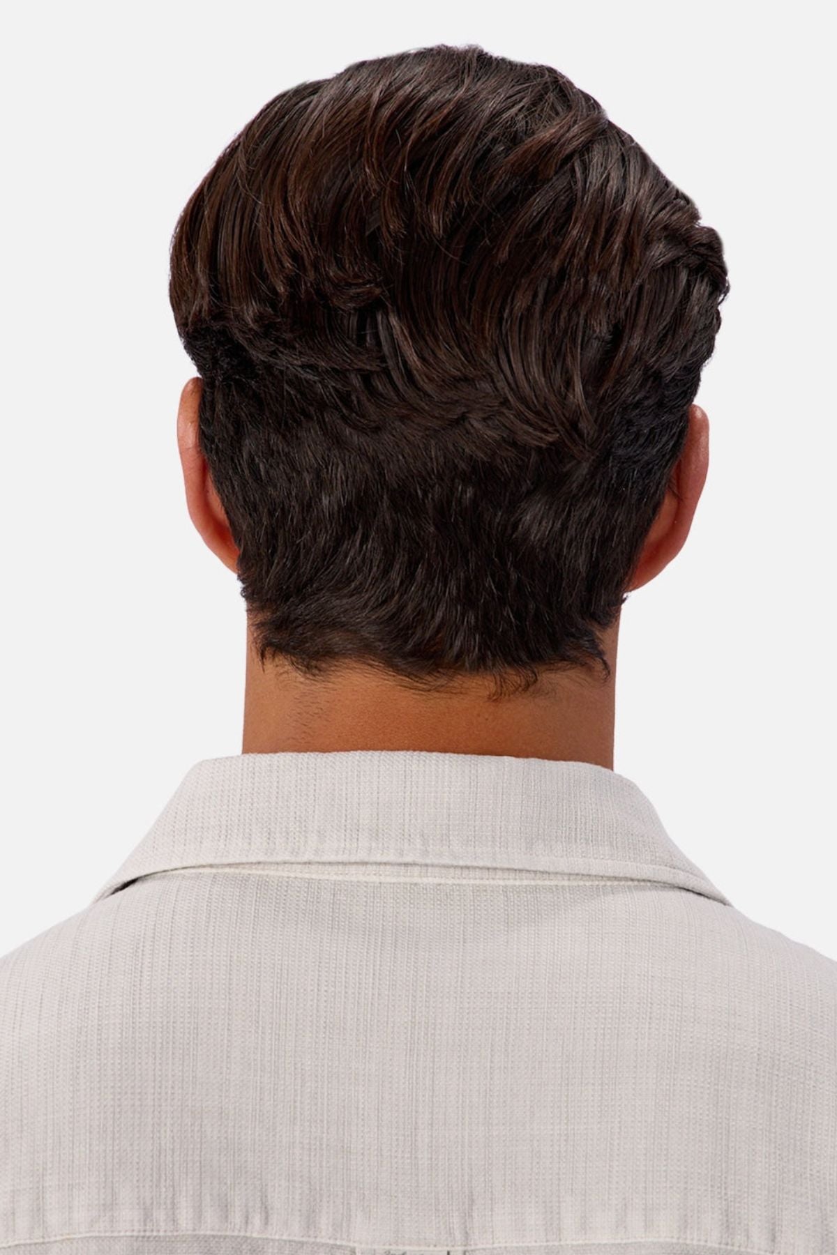 A person with short, neatly styled dark brown hair is shown from behind wearing the Industrie Lisbon Long Sleeve Shirt, featuring a classic collar and 100% cotton fabric, set against a plain white background.