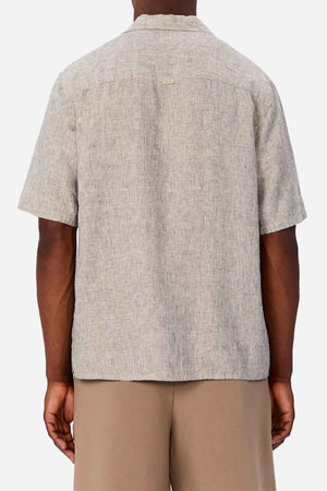 A person is shown from behind wearing a light gray Industrie The Melrose Short Sleeve Shirt with a loose fit, textured finish, and a small rectangular label near the back collar, paired with beige pants.