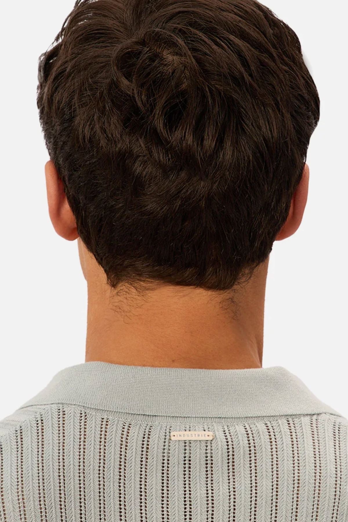 A person with short, dark brown hair is shown from behind wearing the Industrie The Poolside Polo in light gray, featuring a small rectangular collar label. The plain, light background highlights this casual cotton knit shirt.