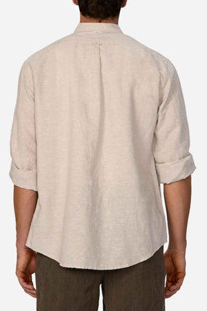 The back view showcases someone wearing the Industrie The Tennyson Linen Blend Shirt in beige, featuring rolled-up sleeves and a spread collar. This summery long-sleeve shirt is paired with dark pants against a plain white background.