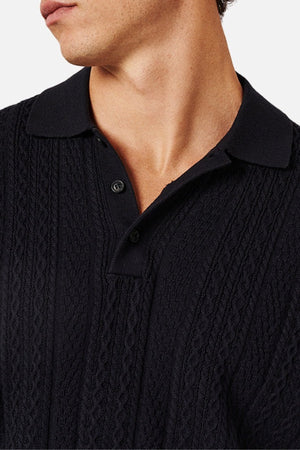 A close-up shows someone in a black collared knit sweater with a cable knit finish and button collar, similar to the Industrie The Vito Polo, facing slightly left against a plain white backdrop.