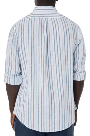 A person is seen from behind wearing an untucked Industrie The Webster Long Sleeve Shirt, featuring light blue and white vertical stripes and rolled-up sleeves. The shirt has a relaxed fit, a button-down collar, and is paired with dark pants.