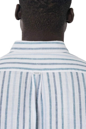 Back view of a person wearing the Industrie The Webster Long Sleeve Shirt in light blue and white vertical stripes. Featuring a relaxed fit, button-down collar with horizontal stripes, and a small label on the upper back.