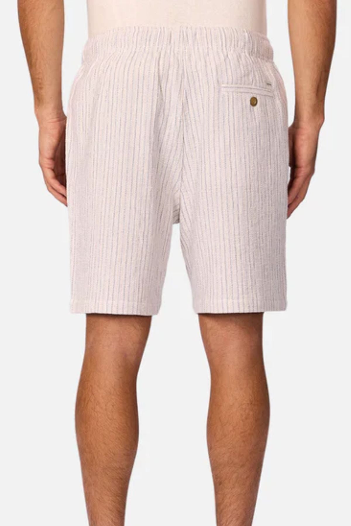 A person stands facing away from the camera, wearing Industrie The Frescati Short—men’s summer shorts featuring vertical stripes, an elastic waistband, and a single buttoned back pocket.