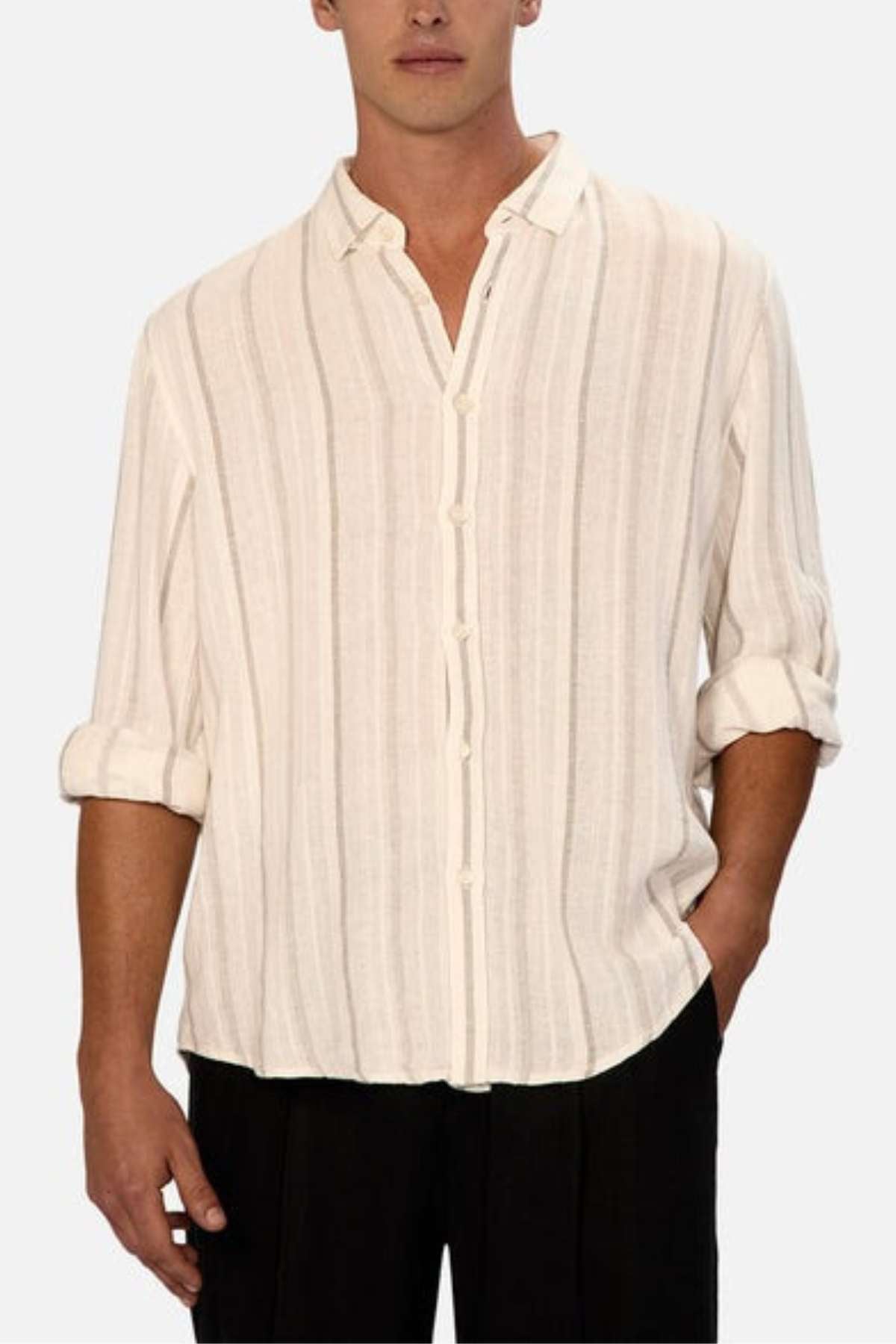Industrie - The Bolzano Button up shirt - Modeelled done up with black trousers - A thin stripe detail