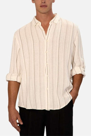 Industrie - The Bolzano Button up shirt - Modeelled done up with black trousers - A thin stripe detail