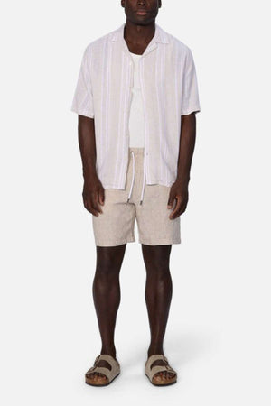Industrie The Castino short sleeve shirt - Modelled with shorts and sandals - an open shirt with a singlet underneath in a cream with white stripes