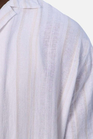 Industrie The Castino SHort Sleeve shirt - Close up front view of the shirt showing the detail of the linen blend fabric and texture