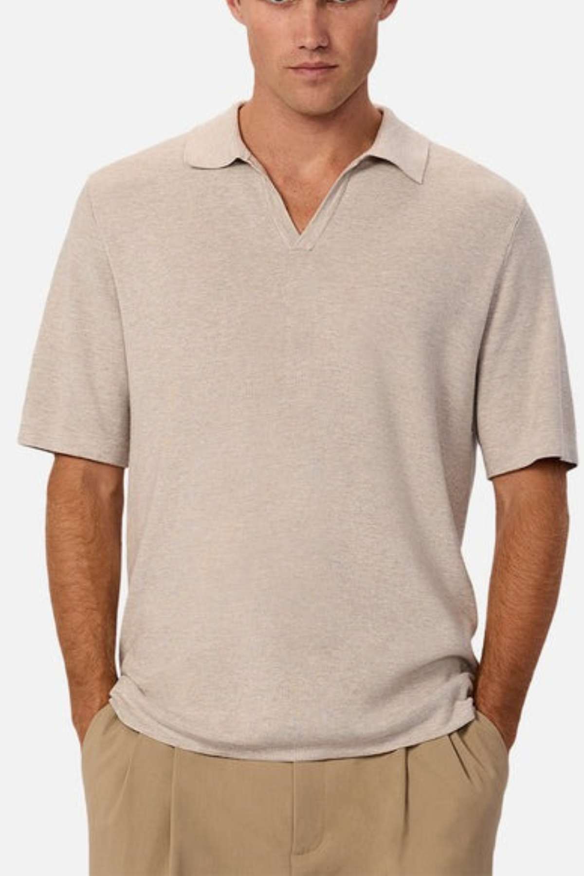 Industrie - The hampshire polo shirt - in colour beige marle - A closer up image showing the whole shirt. With a V-Neck and collar.