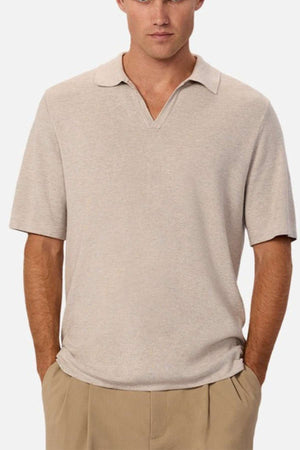 Industrie - The hampshire polo shirt - in colour beige marle - A closer up image showing the whole shirt. With a V-Neck and collar.
