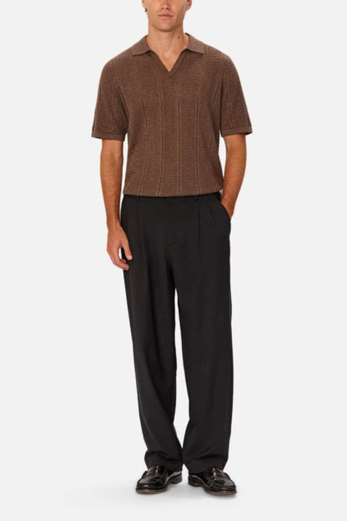 Industrie the Nimes Polo Shirt in Brown Marle - Displaye don a model paired with black trousers and dress shoes