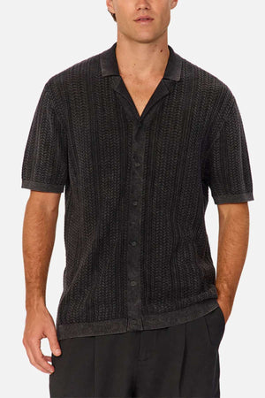 Industrie the Alessio Shirt in colour washed black - a button up shirt with collar modelled with black trousers