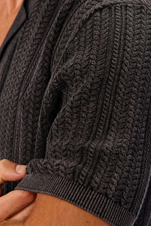 Industrie the Alessio Shirt in colour washed black - a button up shirt with collar modelled with black trousers - close up view of the detail of the shirt