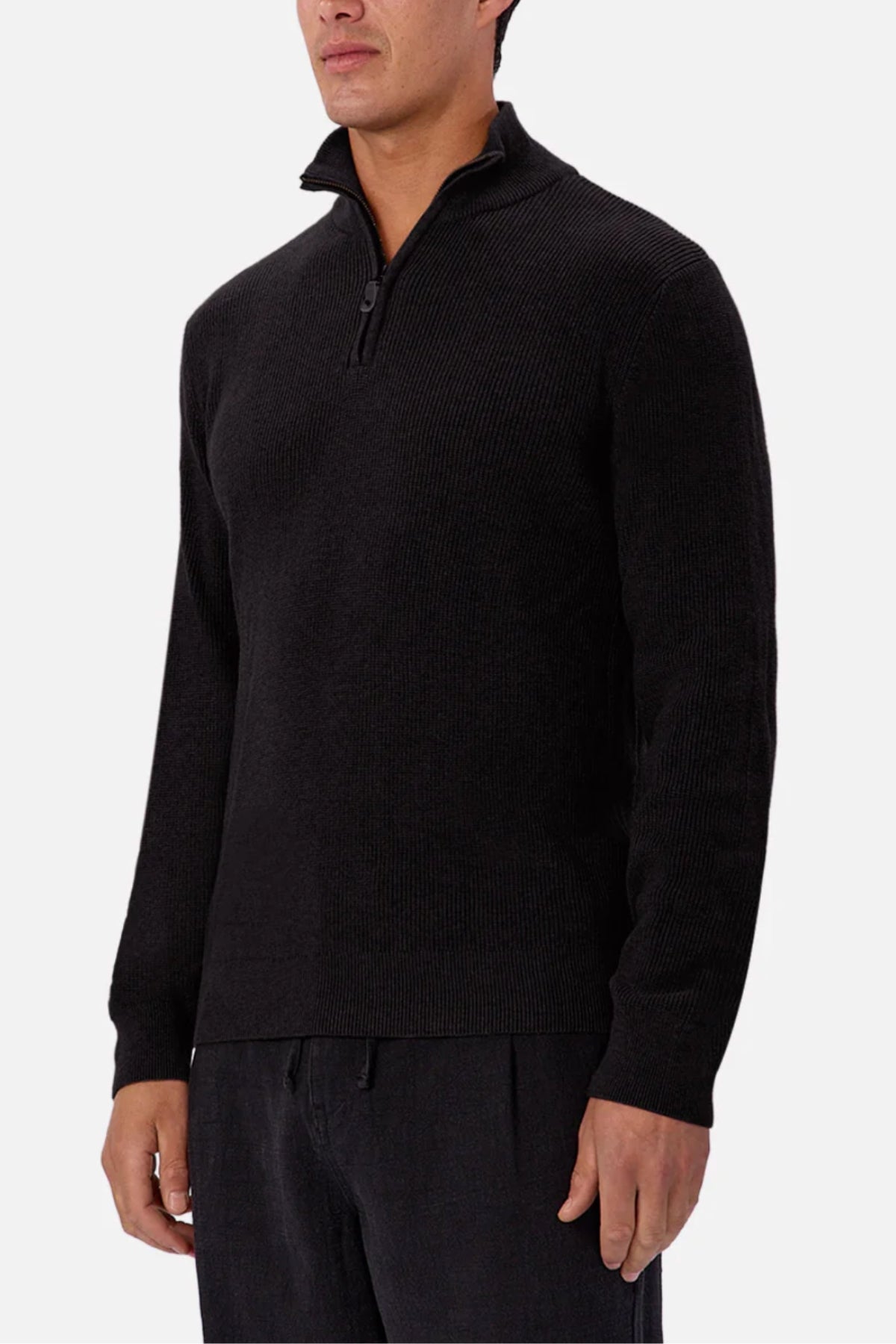 A man wearing the Industrie The New England Zip Neck Knit in black and dark pants stands facing slightly left against a plain white background.