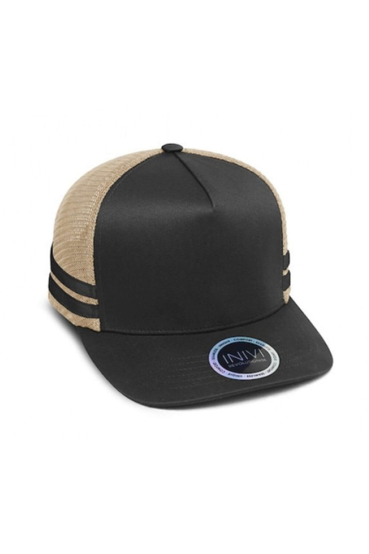 The Inivi Striped Trucker Cap features a black and beige striped design with a flat brim. Its front panel is solid black, complemented by black stripes on the breathable beige mesh sides. An adjustable strap ensures a comfortable fit, and a round holographic sticker adds style to the brim.