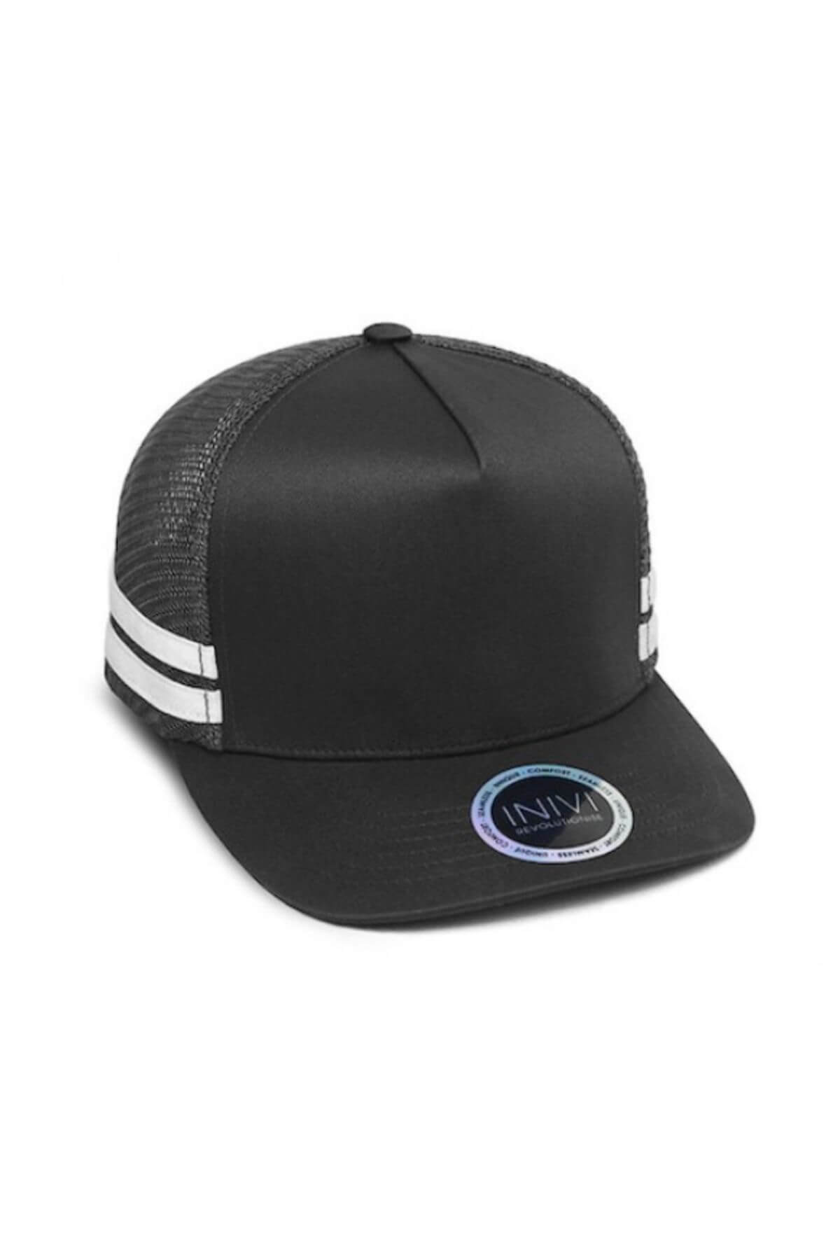 The Inivi Striped Trucker Cap is a lightweight black cap with a mesh back, two white side stripes, adjustable strap, flat brim, and a round INIV sticker on the front.