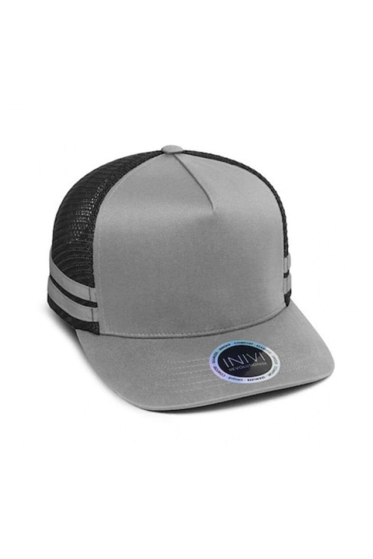 The Inivi Striped Trucker Cap features a gray and black design with two gray side stripes, black mesh back, adjustable strap, flat brim with a round sticker. Lightweight, breathable, and comfortable fit.