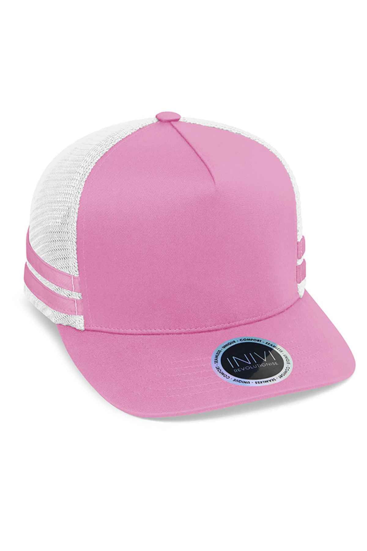 The Inivi Striped Trucker Cap is a lightweight pink and white hat that offers breathability with its mesh back. The front panel boasts a pink color with two stylish white stripes on the sides, accented by a shiny brand sticker on the brim. Designed for all-day comfort, it includes an adjustable strap to ensure a perfect fit for everyone.