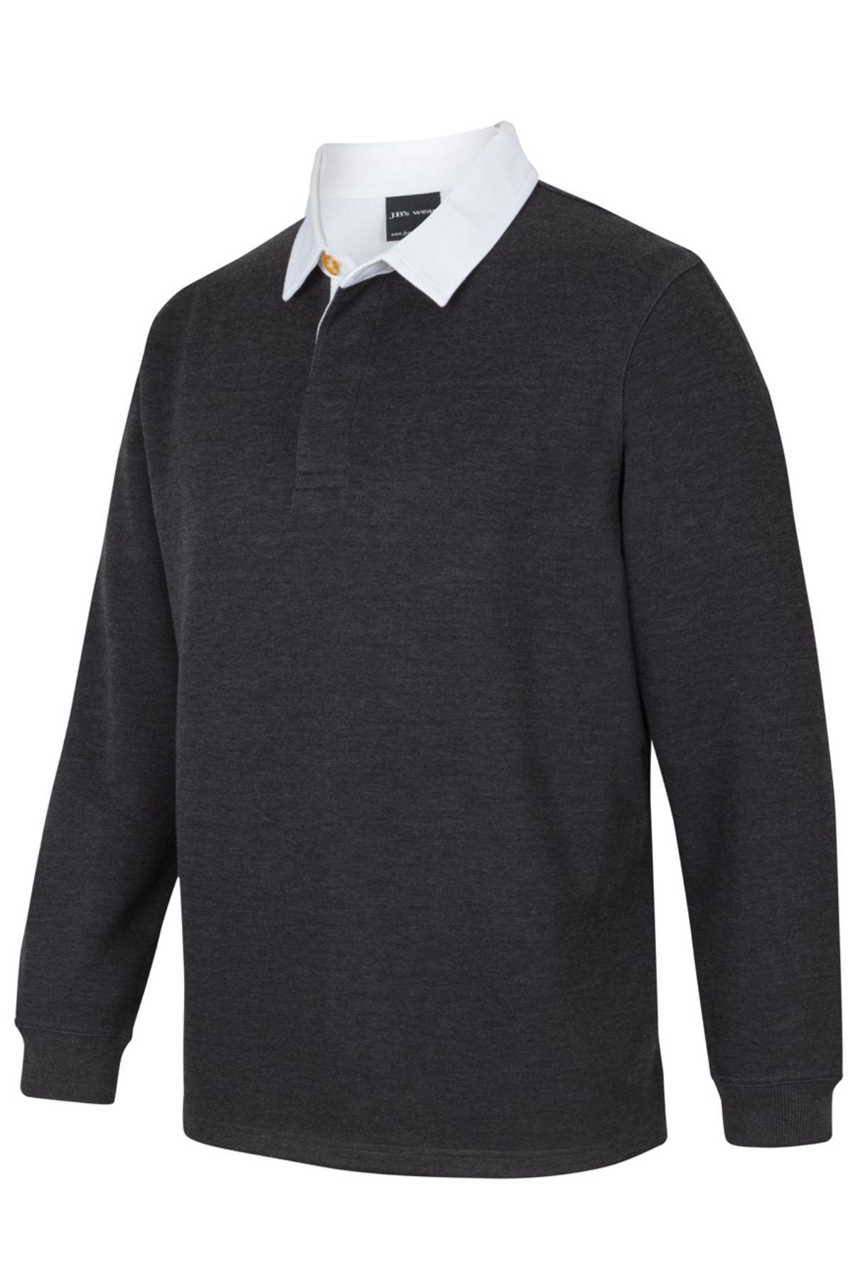 JBs Rugby: A dark gray, long-sleeved rugby shirt with a white collar and single neck button, offering a stylish casual jumper look, shown on a plain white background.