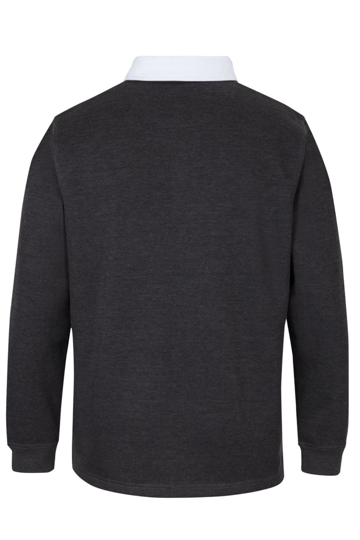 The JBs Rugby is a long-sleeved dark gray jumper shown from the back, featuring a white collar and ribbed cuffs. There are no visible logos or designs.