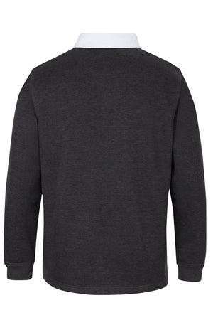 The JBs Rugby is a long-sleeved dark gray jumper shown from the back, featuring a white collar and ribbed cuffs. There are no visible logos or designs.