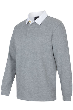 The JBs Rugby is a long-sleeve gray shirt with a white collar and single top button, styled as a casual jumper and shown on a plain white background.