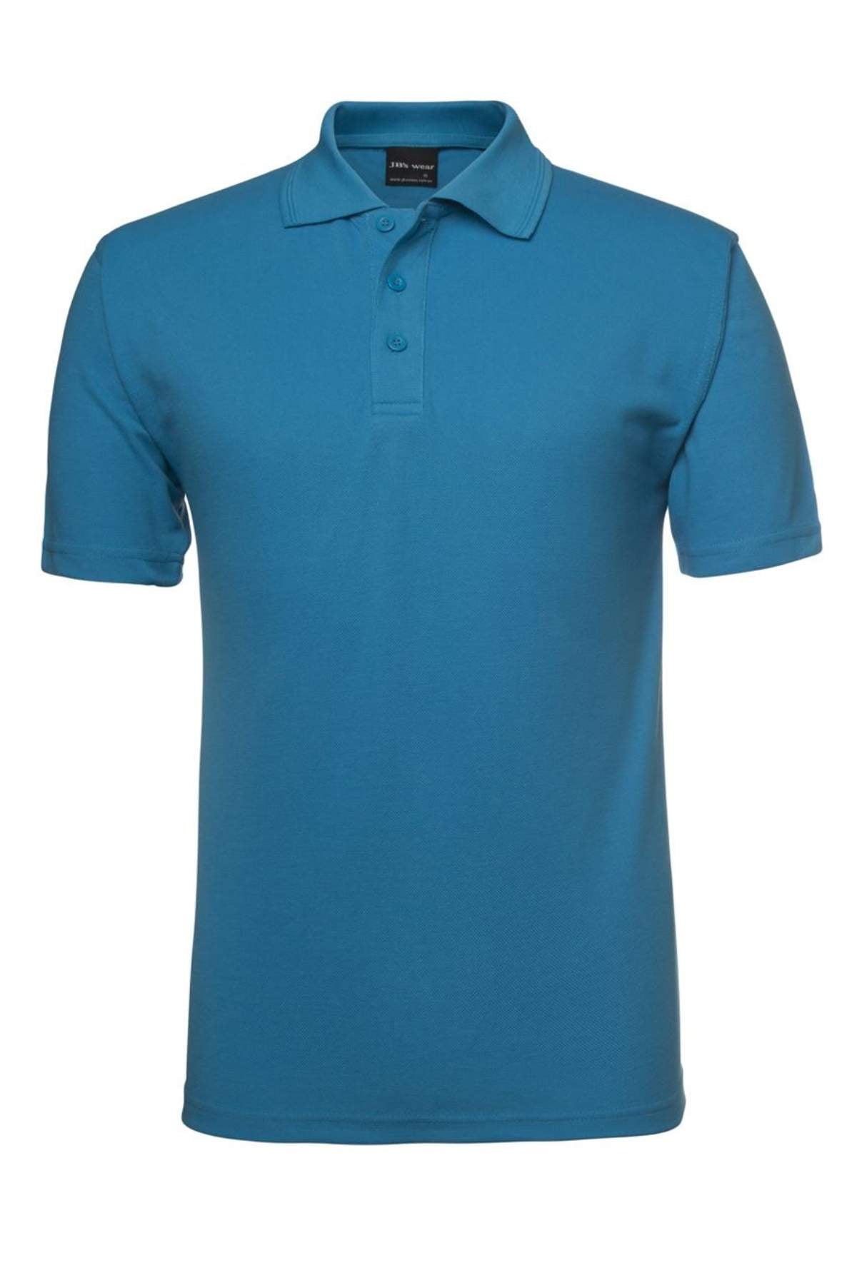 The JBs Short Sleeve Polo is a comfortable blue shirt featuring short sleeves and a three-button placket. It is durable and neatly folded, showcased from the front against a white background.
