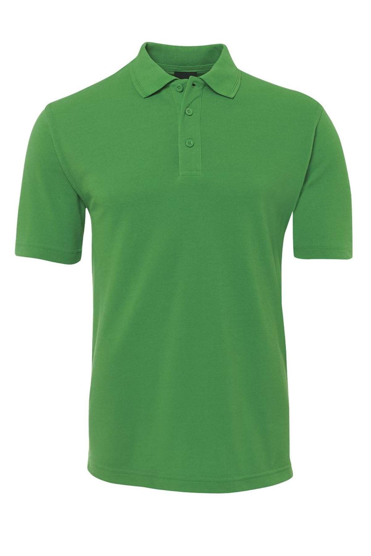 The JBs Short Sleeve Polo features a classic fit with short sleeves and a button-up collar, designed in green and crafted from durable fabric, presented against a white background.