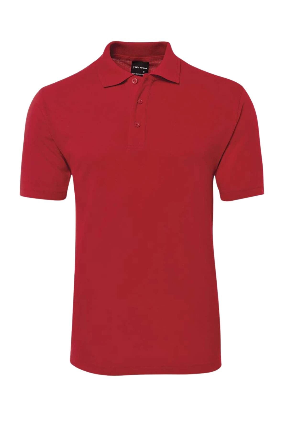 Product Name: JBs Short Sleeve Polo A red classic-fit polo shirt featuring a collar and three buttons down the front. Made from a comfortable cotton blend, this durable short-sleeved shirt is set against a plain white background.