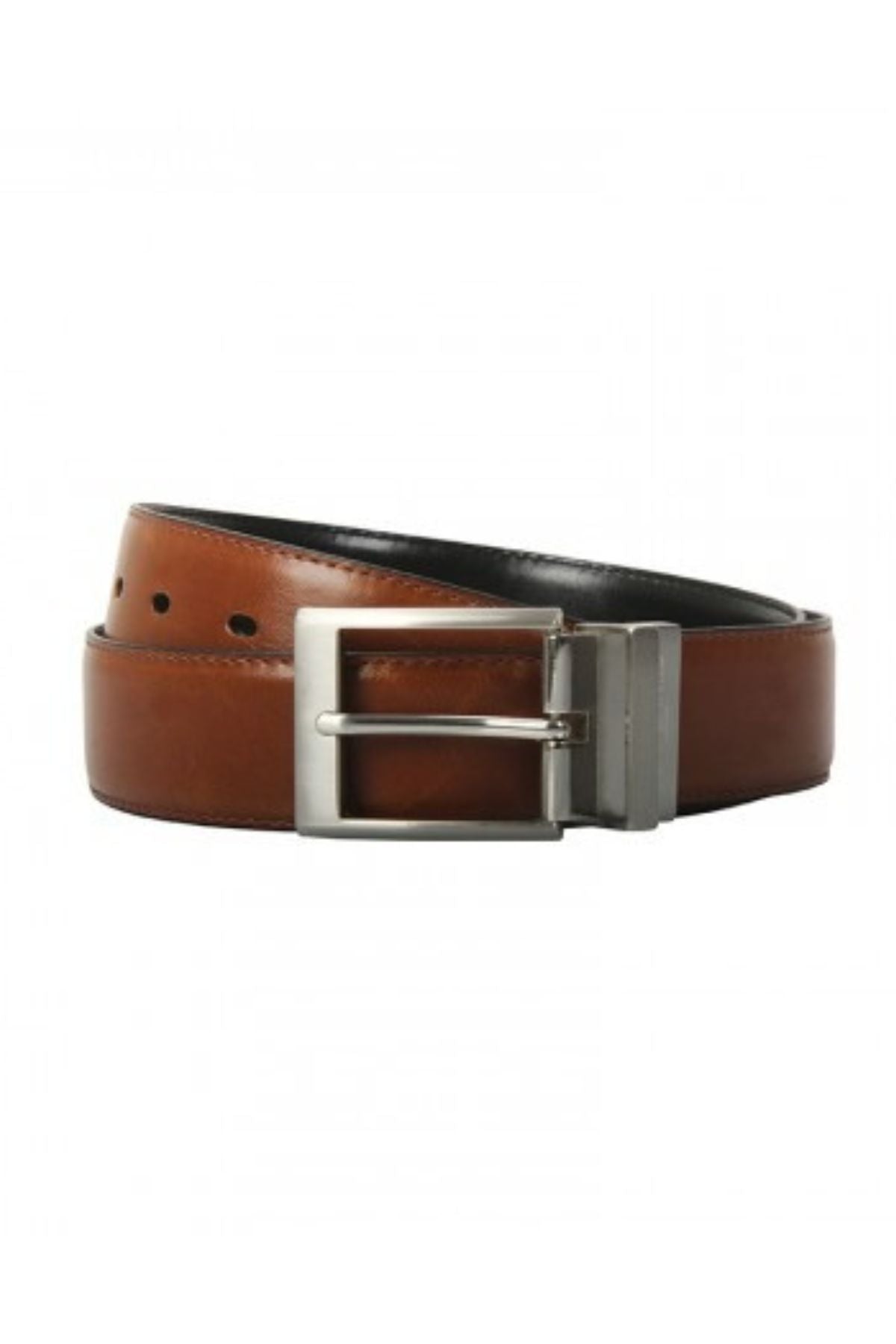 The Jeff Banks Reversible Pin Buckle Belt showcases genuine leather with a silver rectangular buckle, neatly coiled to reveal its black lining and adjustable holes. The polished design of the buckle complements the reversible style, set against a plain white backdrop.