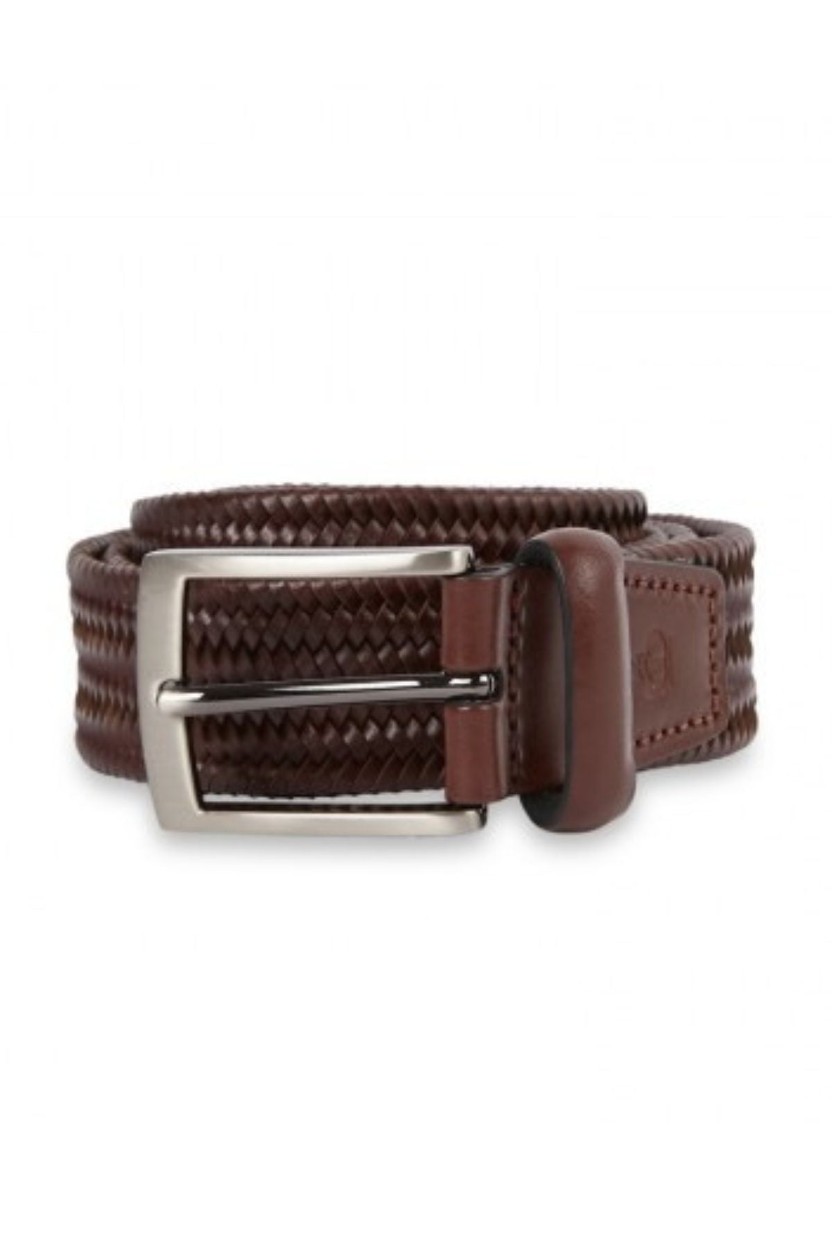 The Jeff Banks Woven Stretch Belt is a coiled brown leather accessory featuring a silver metal buckle, textured pattern, and an embossed logo near the buckle, perfectly blending style and functionality.