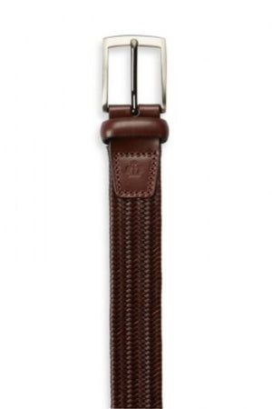 The Jeff Banks Woven Stretch Belt is a brown leather belt with a silver rectangular buckle, leather loops, and a stitched leather section at the tip. It features a woven design on a plain white background.
