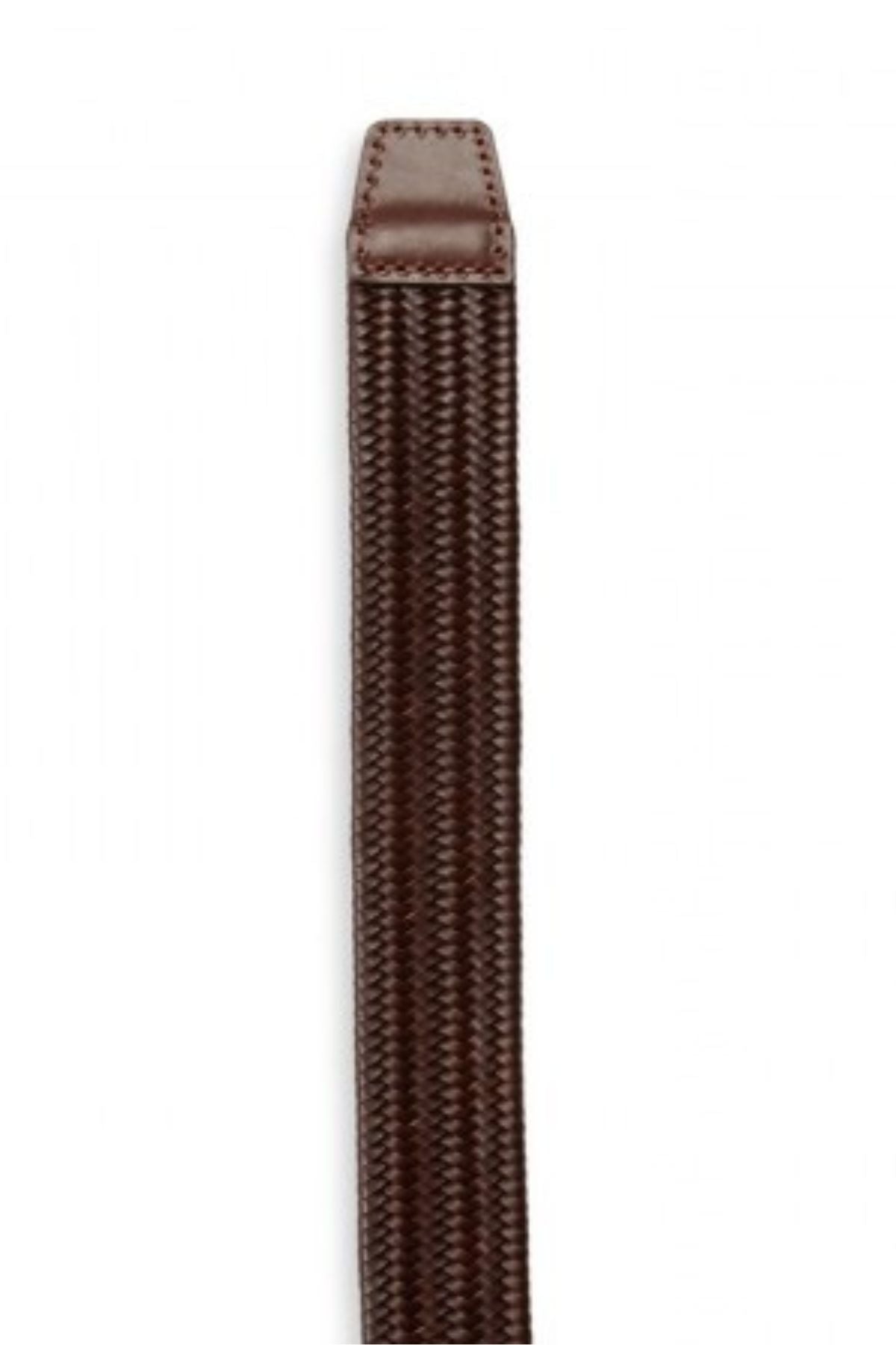 The Jeff Banks Woven Stretch Belt features a brown color, expertly crafted in woven leather with a rectangular leather end piece for both comfort and style.