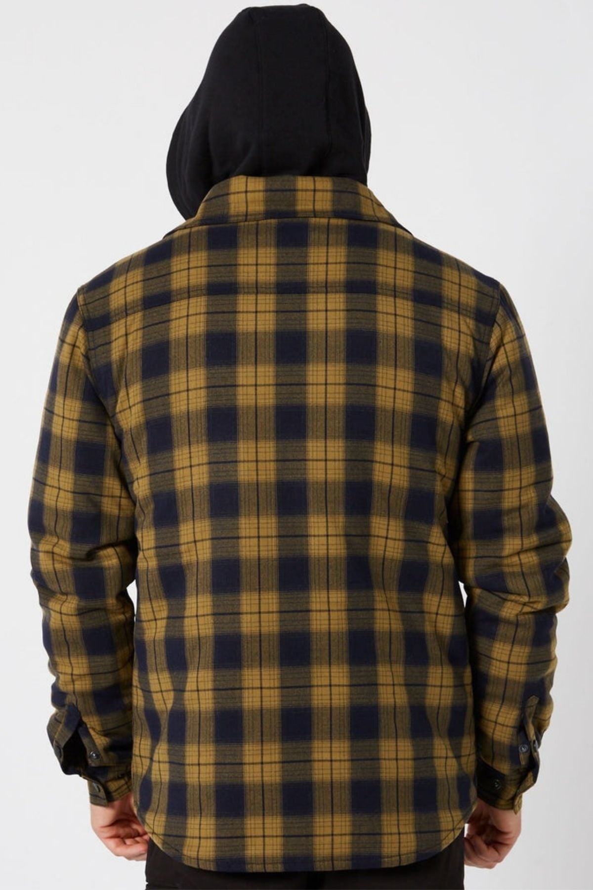A person in a black hood and the Jetpilot Quilted Flannel Jacket, featuring yellow-and-black quilted flannel, is shown from the back against a plain white background.