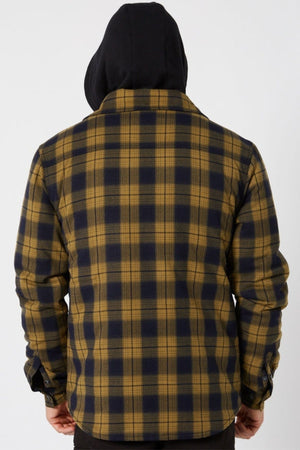 A person in a black hood and the Jetpilot Quilted Flannel Jacket, featuring yellow-and-black quilted flannel, is shown from the back against a plain white background.