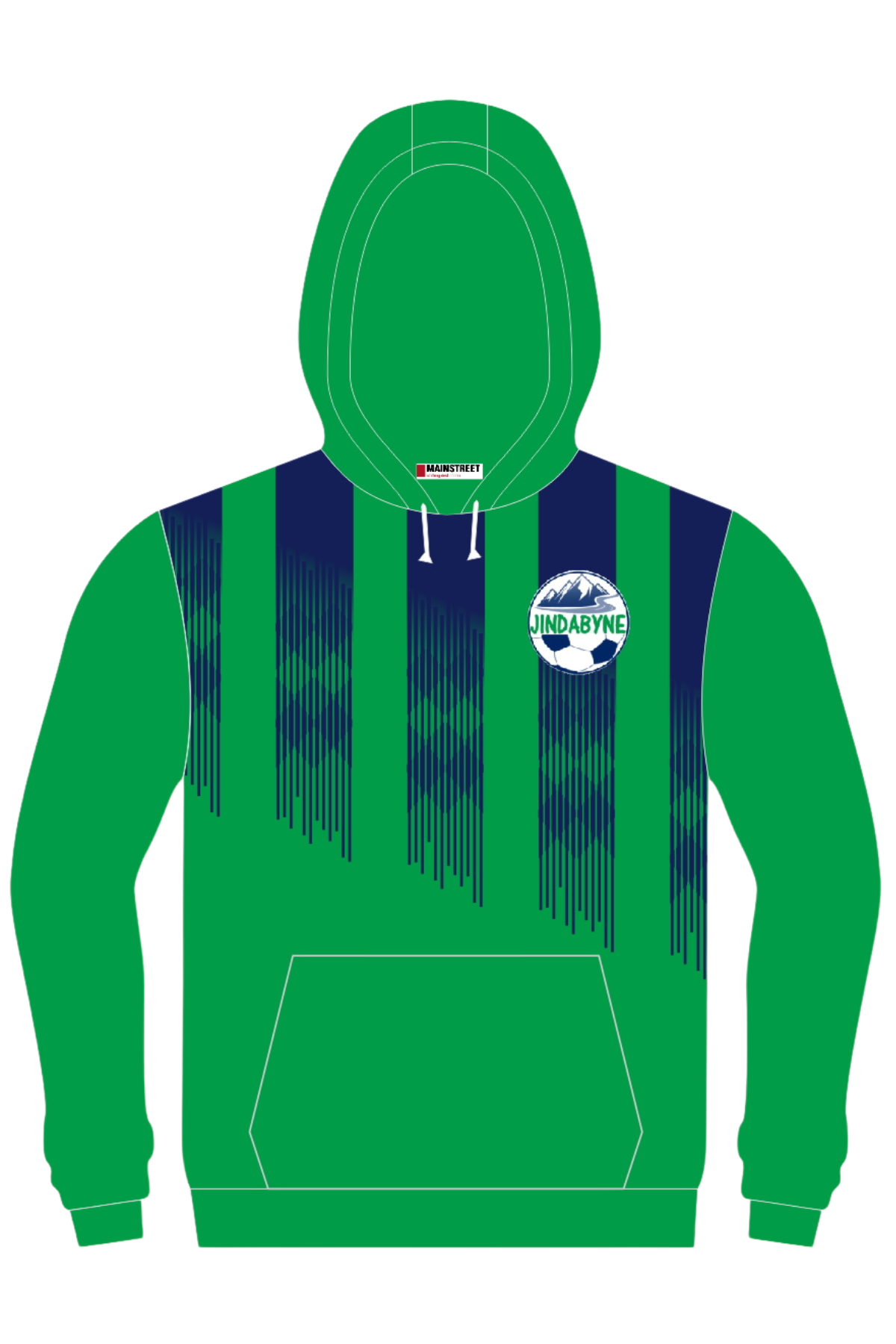 The Jindabyne Football Club Pullover Cotton Lined Hoodie features a green design with navy diagonal stripes, front pocket, white drawstrings, and a round club logo on the left chest. Includes a red and white collar tag. Available for pre-order.