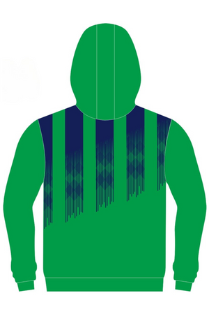 The Jindabyne Football Club Pullover Cotton Lined Hoodie is green with long sleeves and pixelated navy vertical stripes on the upper left front and sleeve. Inspired by the club, it's available for pre-order.