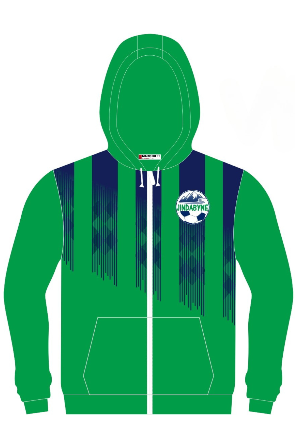Pre-order the Jindabyne Football Club Full Zip Polar Fleece Hoodie in green with dark blue vertical streaks, white drawstrings, a front zipper, and the club’s mountain logo on the left chest.