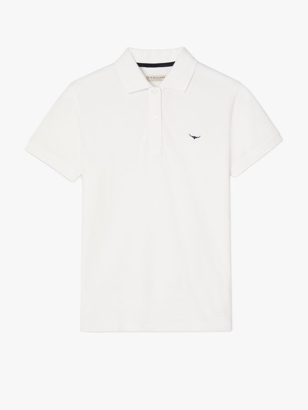 The RM Williams Margaret Polo is a white short-sleeve shirt in soft pique cotton with a ribbed collar, button placket, and dark embroidered logo on the left chest, shown against a white background.