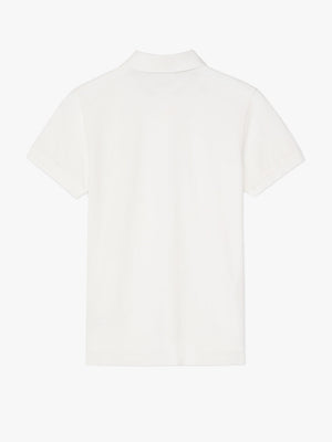 The RM Williams Margaret Polo is a plain white, short-sleeved pique cotton shirt with a ribbed collar, shown from the back against a white background.
