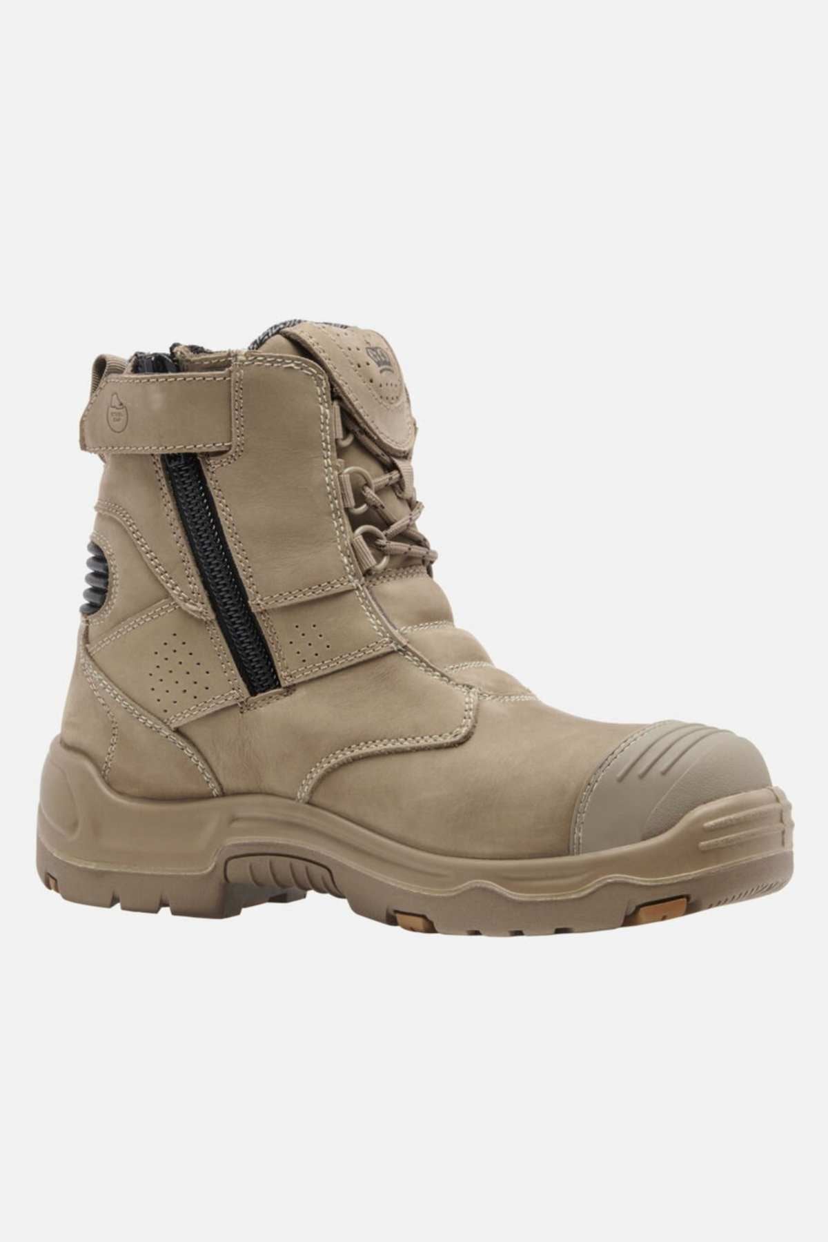 The tan King Gee Bennu Pro 6 Work Boot features a sturdy sole, black side zipper, lace-up front, reinforced toe, ankle padding, rugged tread, and a slip-resistant outsole for lasting durability and protection.
