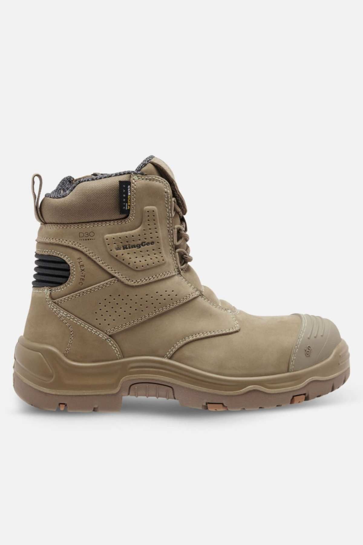 The King Gee Bennu Pro 6 Work Boot is tan with a slip-resistant outsole, protective toe cap, reinforced ankle support, black heel accents, lace-up front, and pull tab. Shown from the side on a white background.