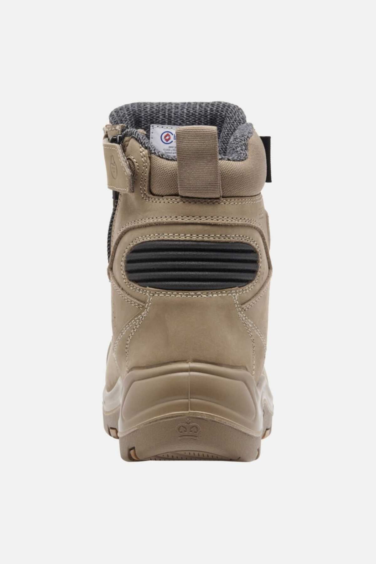 King Gee Bennu Pro 6 Work Boot shown from the back, features a reinforced heel, slip-resistant outsole, dark padded lining, black ribbed heel detail, and a pull loop for easy on.