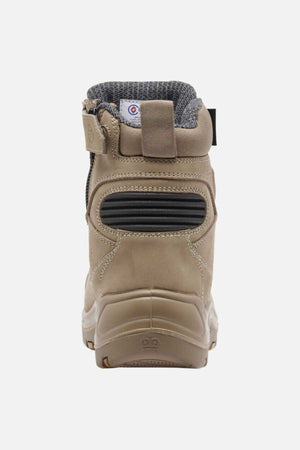 King Gee Bennu Pro 6 Work Boot shown from the back, features a reinforced heel, slip-resistant outsole, dark padded lining, black ribbed heel detail, and a pull loop for easy on.