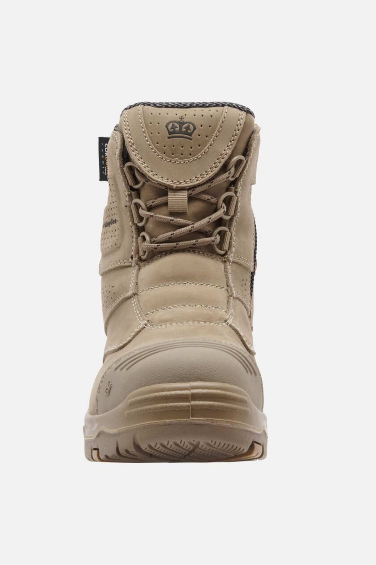 Front view of the King Gee Bennu Pro 6 Work Boot in tan, featuring light brown laces, a slip-resistant sole, perforated accents, padded ankle support, and a side pull tab, set against a white background.