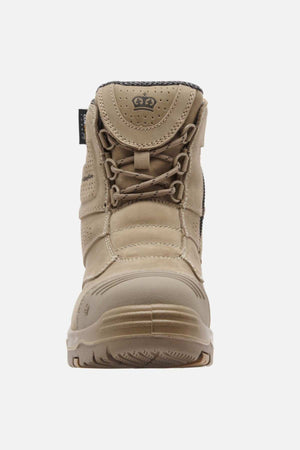 Front view of the King Gee Bennu Pro 6 Work Boot in tan, featuring light brown laces, a slip-resistant sole, perforated accents, padded ankle support, and a side pull tab, set against a white background.