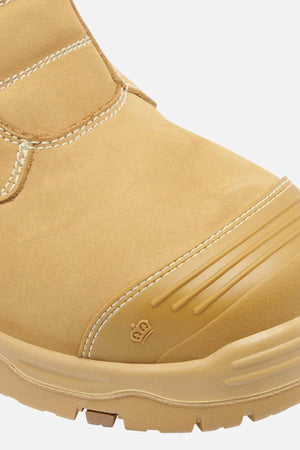 The King Gee Bennu Pro 9 Work Boot, a tan rugged design, showcases a steel toe for protection and reinforced stitching against a light gray background. It features a subtle logo on the toe cap and has a slip-resistant outsole to enhance safety.