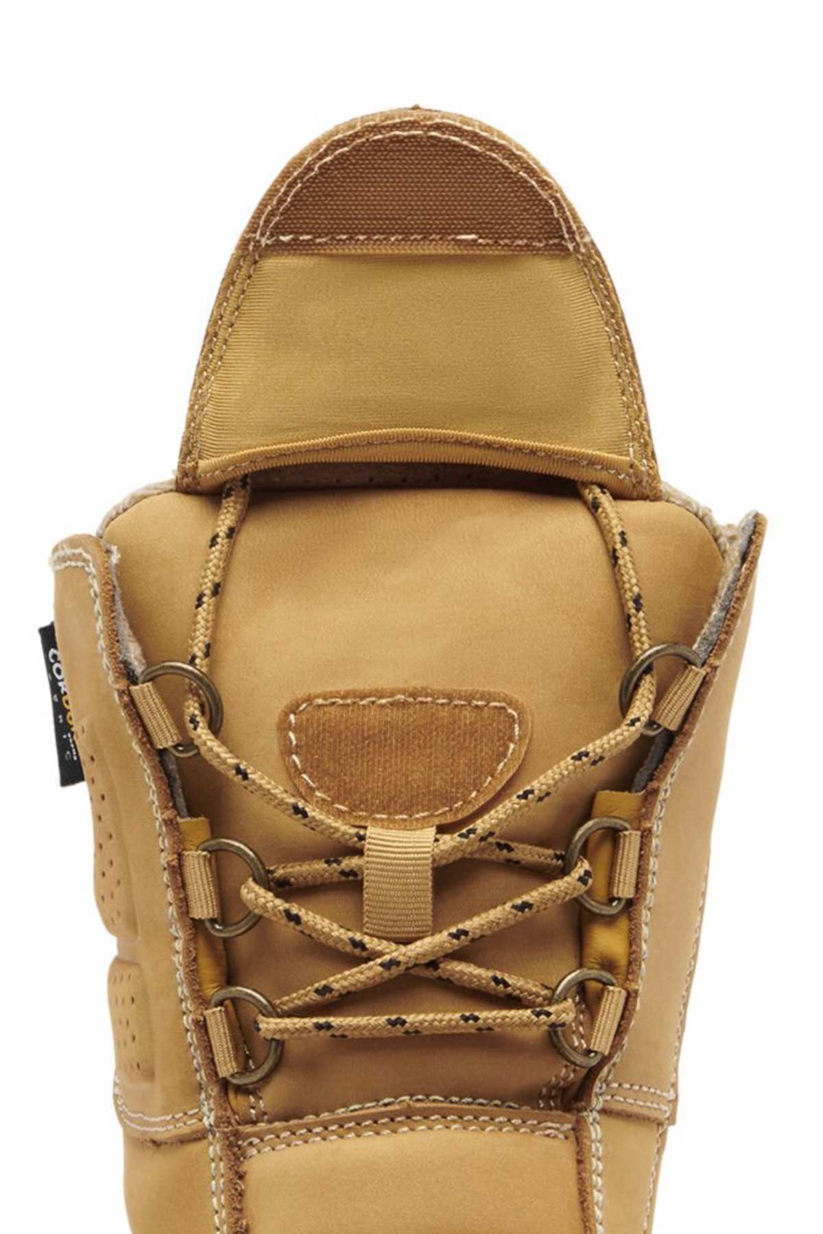 Close-up of the King Gee Bennu Pro 9 Work Boot, displaying its tan leather texture and stitching. It features brown laces through metal eyelets, a partially opened tongue, steel toe protection, and a slip-resistant outsole for safety.